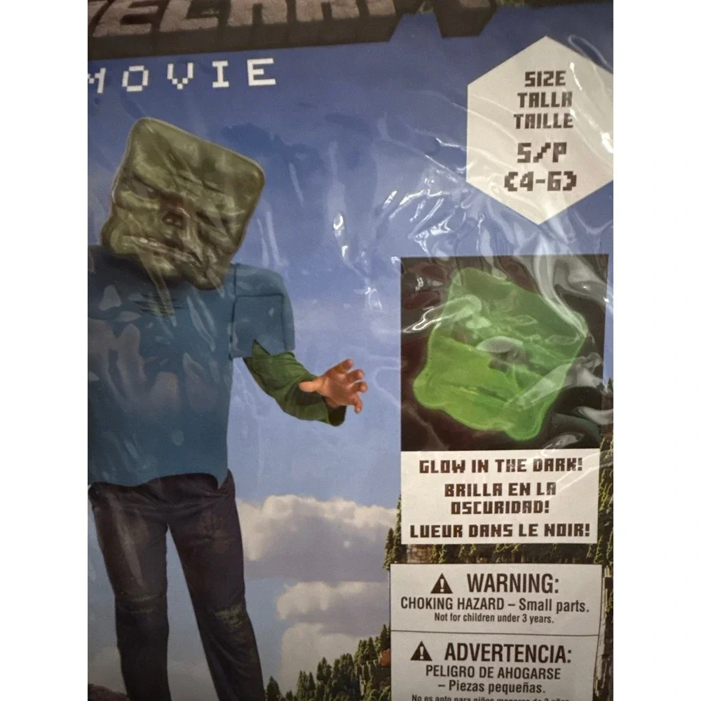 Minecraft Movie ZOMBIE Jumpsuit Costume Size S 4-6 Mask‎ Glows NIP Unisex